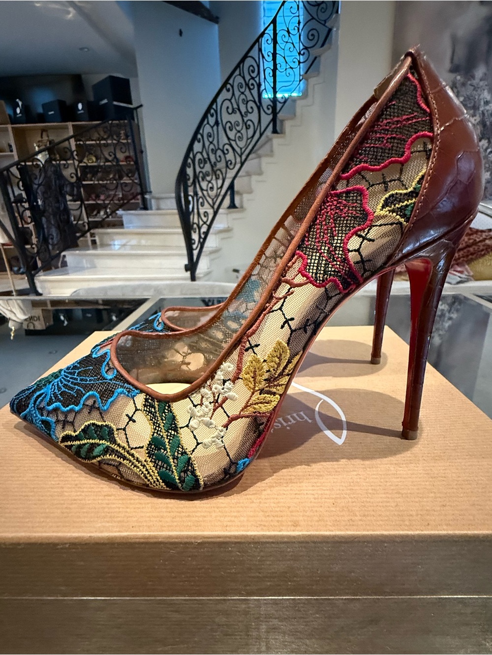 Christian Louboutin Blue and Green Embroidered Pointed Toe Pumps - Picture 5 of 8